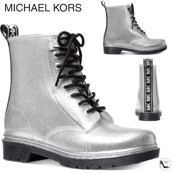 MICHAEL KORS Tavie Silver Logo Tape Lug Sole Lace-Up Rain Bootie Fashion Boots 8 - Picture 1 of 16